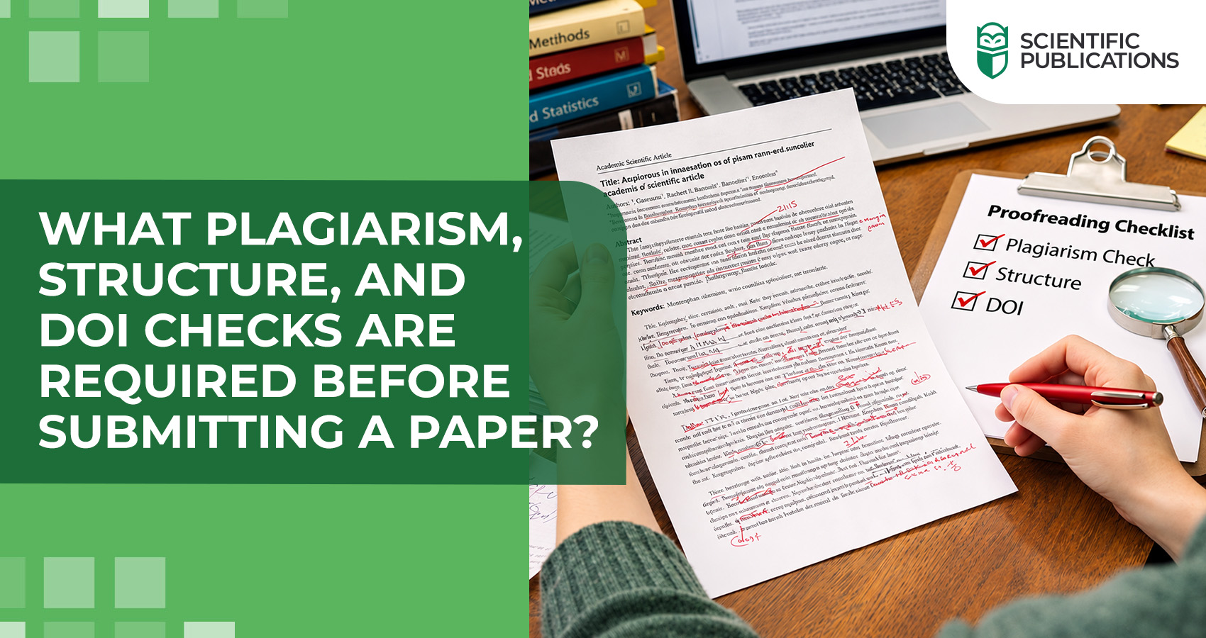 What plagiarism, structure, and DOI checks are required before submitting a paper?