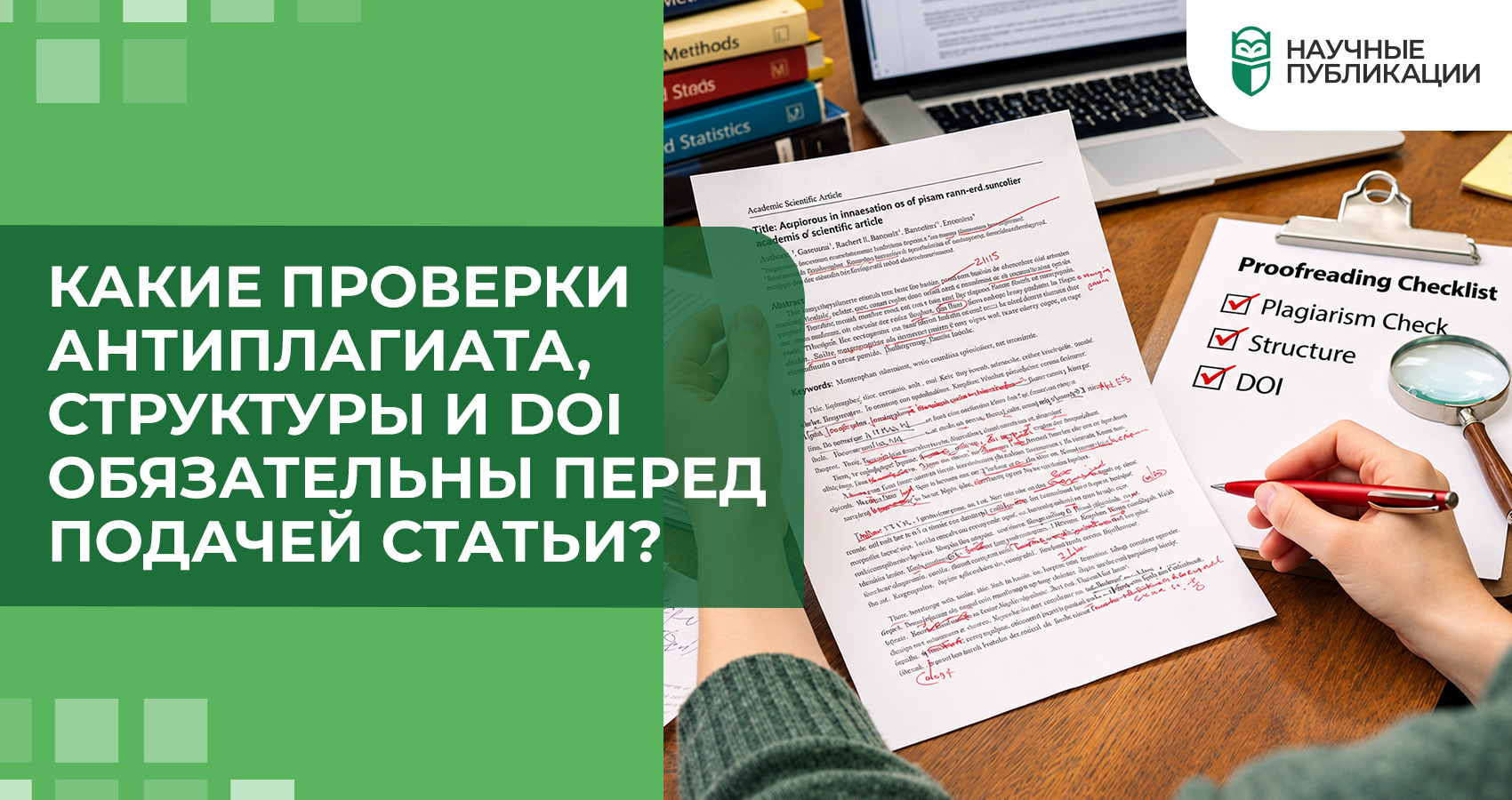 Какие проверки антиплагиата, структуры и DOI обязательны перед подачей статьи?